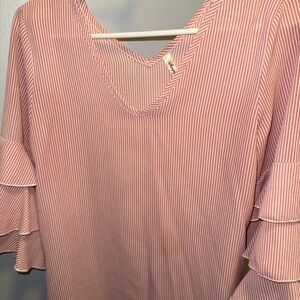 Pink Striped V-Neck Ruffle Sleeve Top